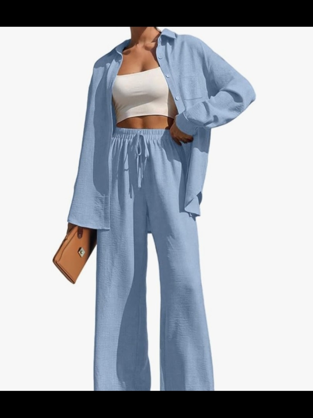 Light Blue Wide-Leg Drawstring Lounge Pants - Women's
